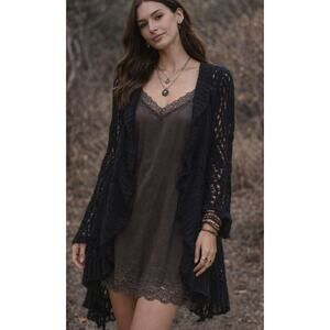 Y2K Whimsigoth Romantic Crochet Duster Cardigan Small Black Dark Boho Whimsical